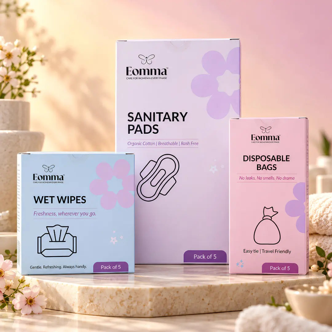 EOMMA Period Care Kit for Women | 5 Sanitary Pads, 5 Care Wipes, 5 Disposal Bags | Travel Pack of 5
